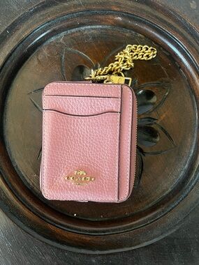 Coach Pink Pebbled Leather Card Wallet with Gold Chain
